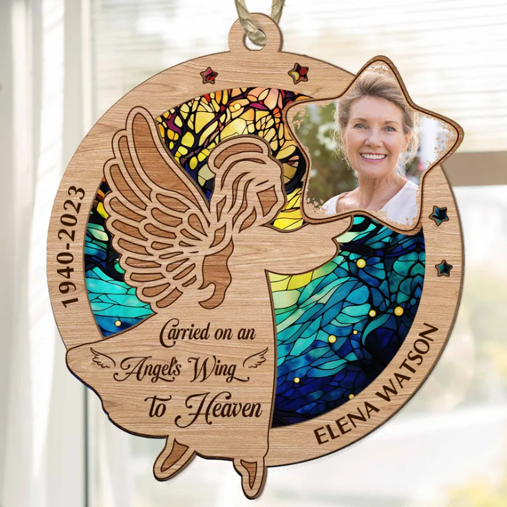 Custom Photo Carried On An Angel'S Wing To Heaven - Memorial Gift - Personalized 2-Layered Mix Ornament