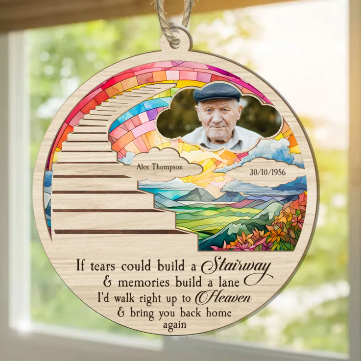 Custom Photo Stairway To Heaven - Christmas Gift,Memorial Gift For Family - Personalized 2-Layered Wooden Ornament