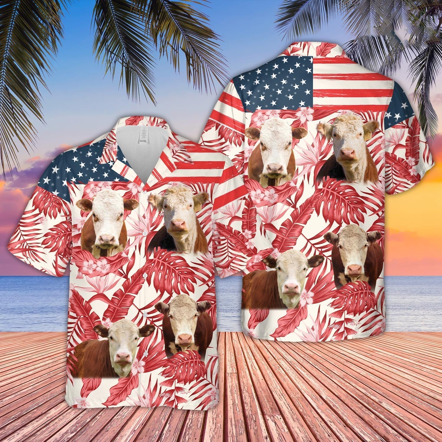 Unique Hereford Red Floral US Flag 3D - Hawaiian Shirt