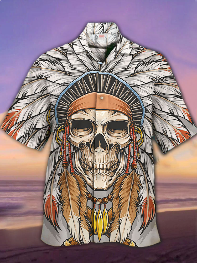 Eye-Catching Hand Drawing Skull In Apache Headgear - Hawaiian Shirt