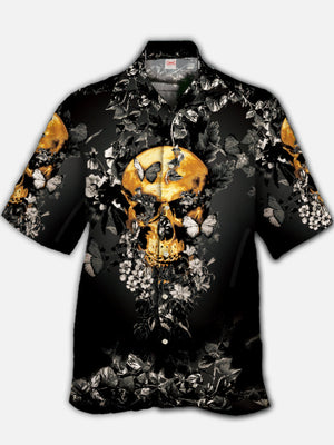 Black And White Leaves Flowers Butterfly Gold Skull - Hawaiian Shirt