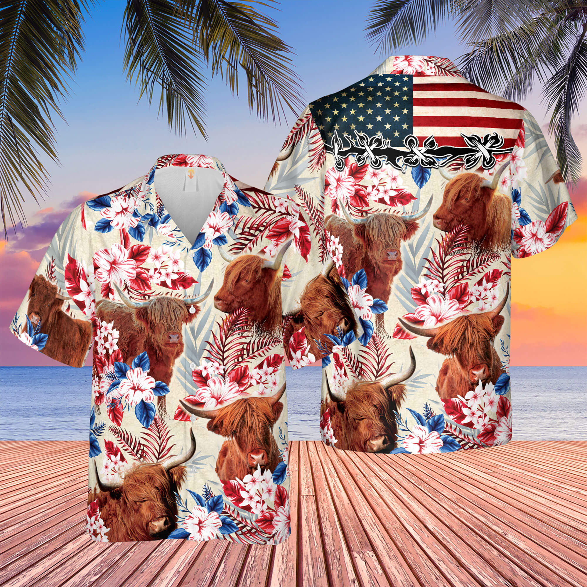 Unique Highland Cattle American Flag Flowers - Hawaiian Shirt