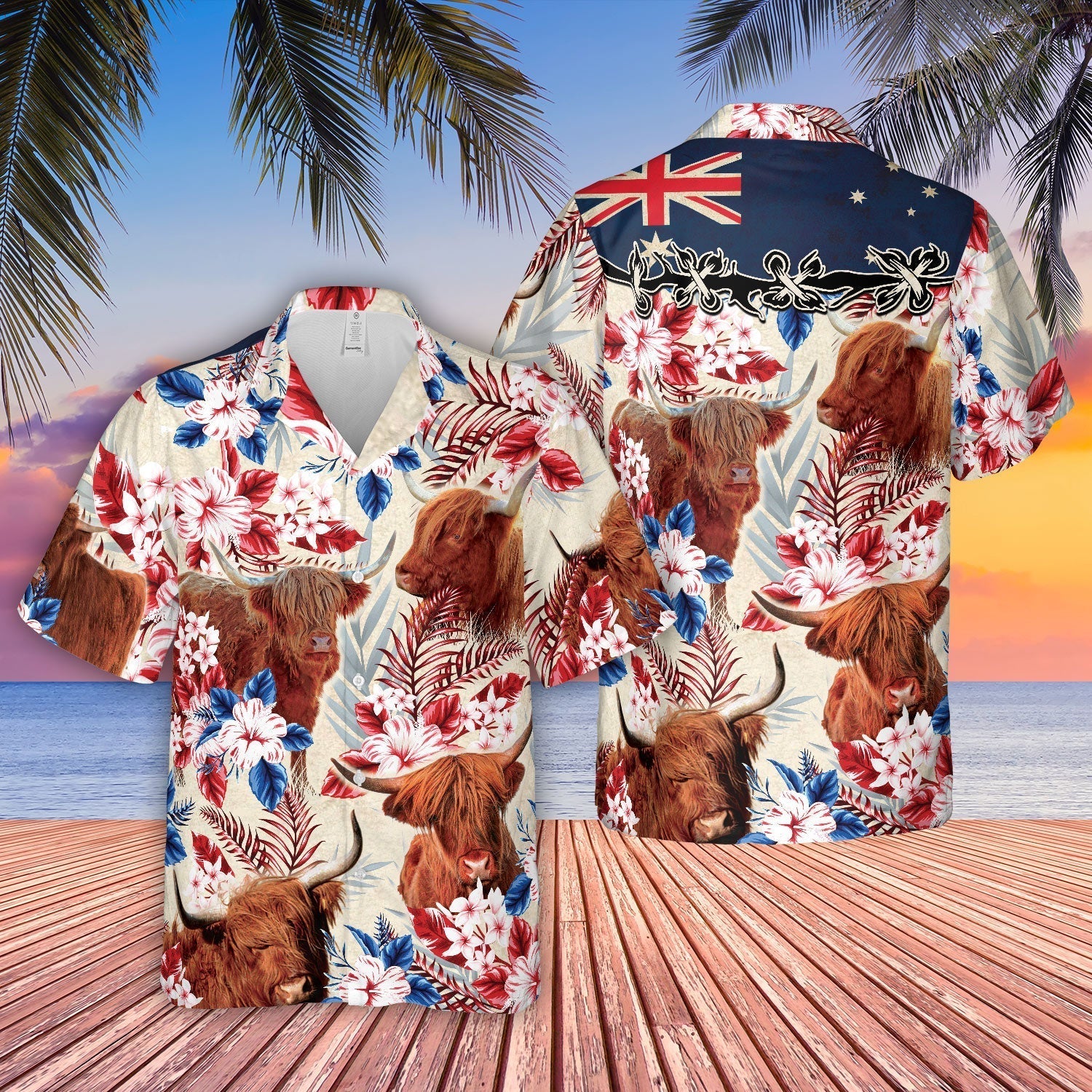 Unique Highland Cattle Australia Flag Flowers - Hawaiian Shirt