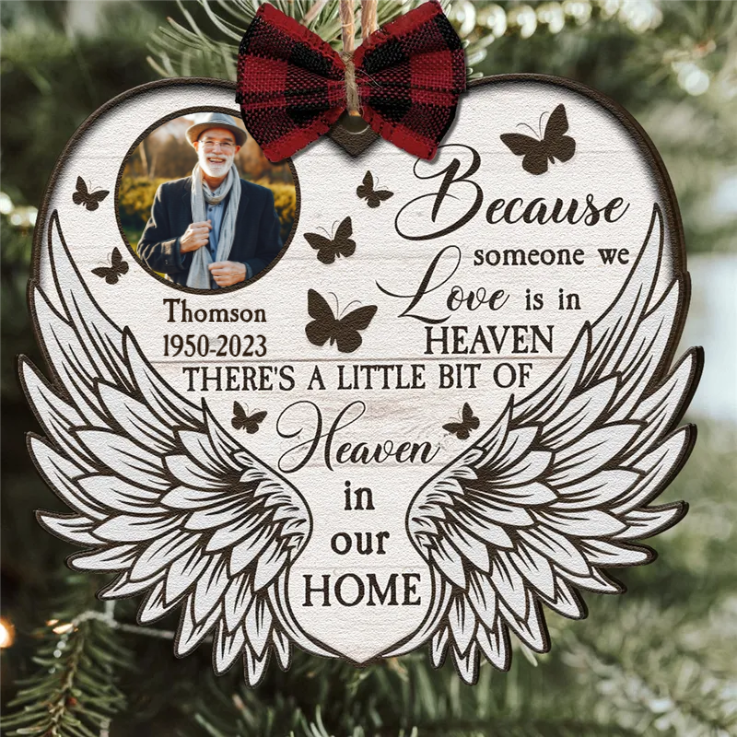 Custom Photo Little Bit Of Heaven In Our Home - Memorial Gift For Family - Personalized Custom Shaped Wooden Ornament