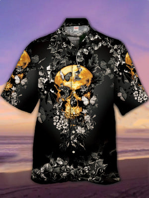 Black And White Leaves Flowers Butterfly Gold Skull - Hawaiian Shirt