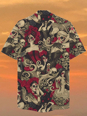 Vintage Day Of The Dead Pinups Sugar Skull - Hawaiian Shirt