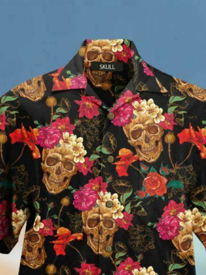 Vintage Skull Pink And Yellow Flowers - Hawaiian Shirt