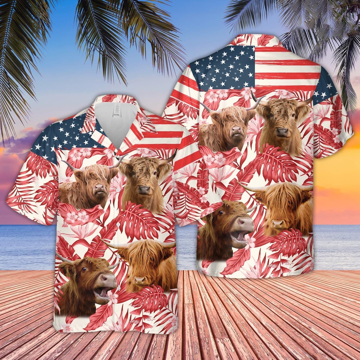 Unique Highland Red Floral US Flag 3D - Hawaiian Shirt