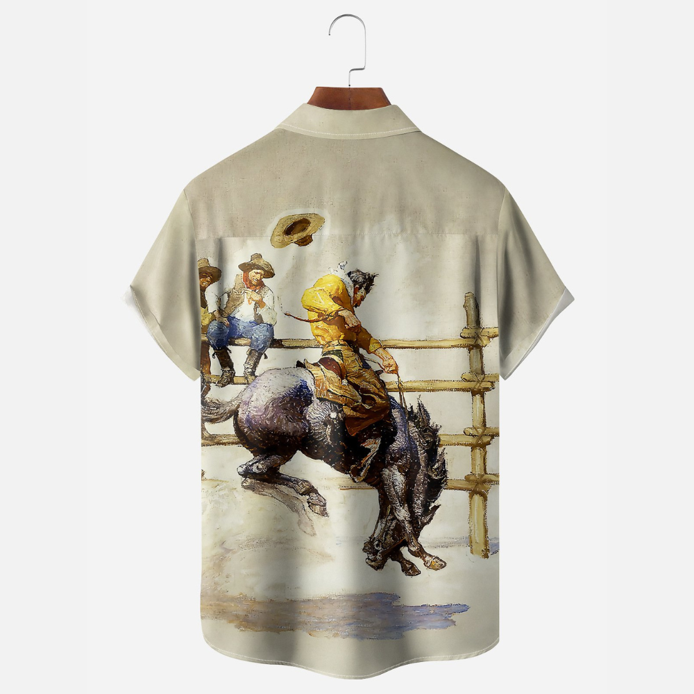 Vintage Cowboy Bullfight Painting - Hawaiian Shirt