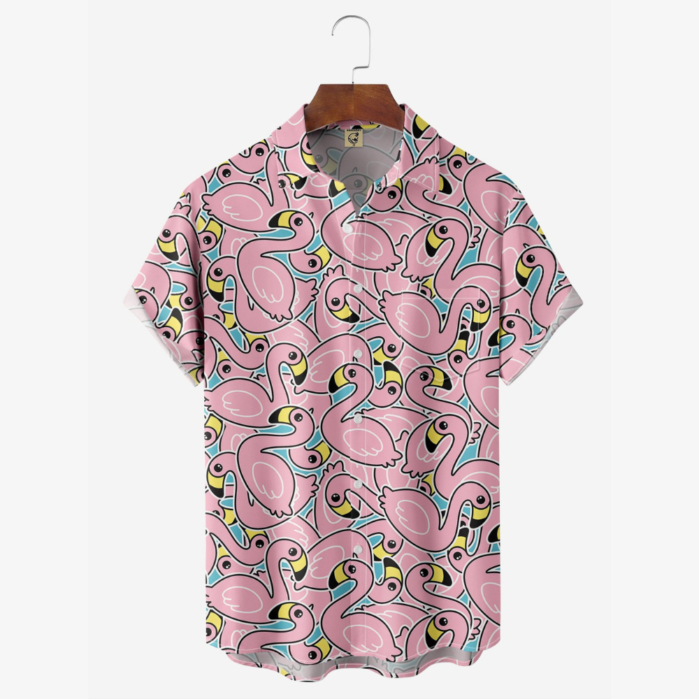 Pink Cartoon Flamingo - Hawaiian Shirt