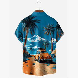 Beachside Vintage Car Blue Sky And Coconut Tree  - Hawaiian Shirt