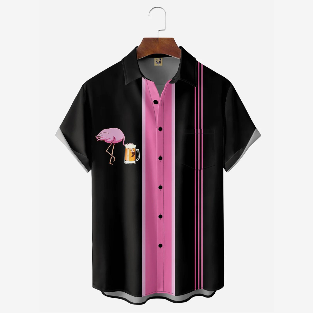 Flamingo Drinks Beer Pink Black - Hawaiian Shirt