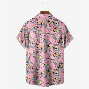 Pink Cartoon Flamingo - Hawaiian Shirt