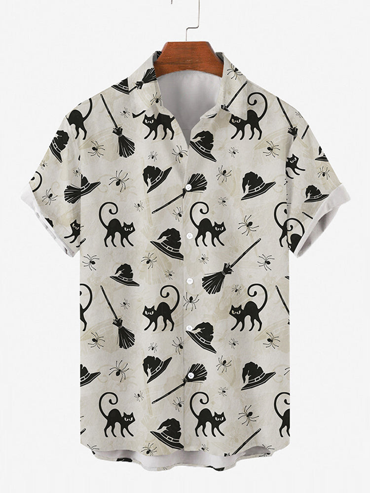 Cat And Broom Halloween Printed Button Down - Hawaiian Shirt