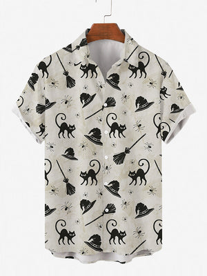 Cat And Broom Halloween Printed Button Down - Hawaiian Shirt