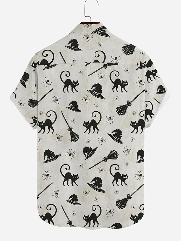 Cat And Broom Halloween Printed Button Down - Hawaiian Shirt