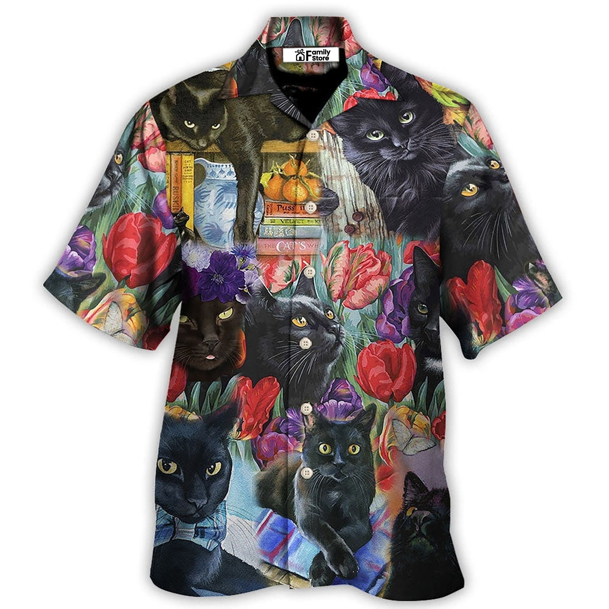 Black Cat Art With Flowers - Gift For Cat Lovers - Hawaiian Shirt