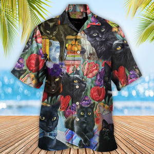 Black Cat Art With Flowers - Gift For Cat Lovers - Hawaiian Shirt