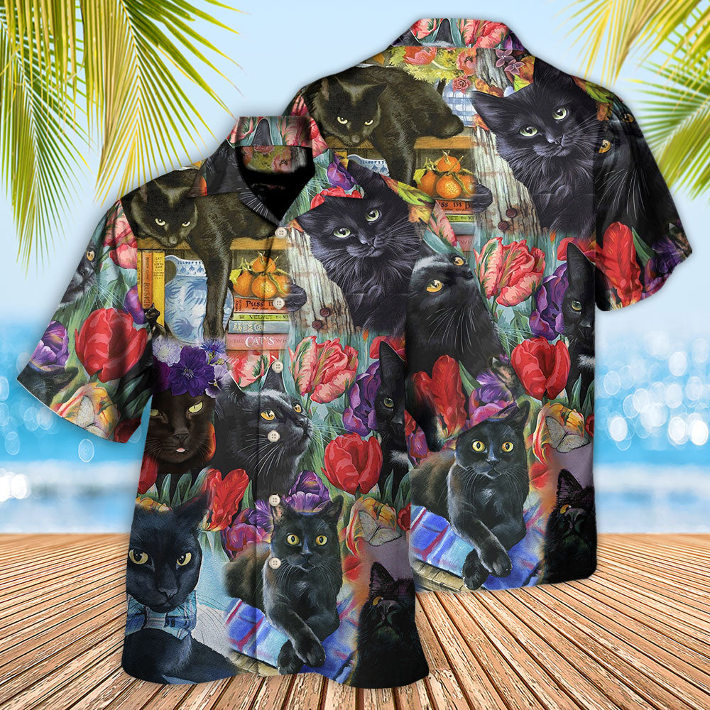 Black Cat Art With Flowers - Gift For Cat Lovers - Hawaiian Shirt