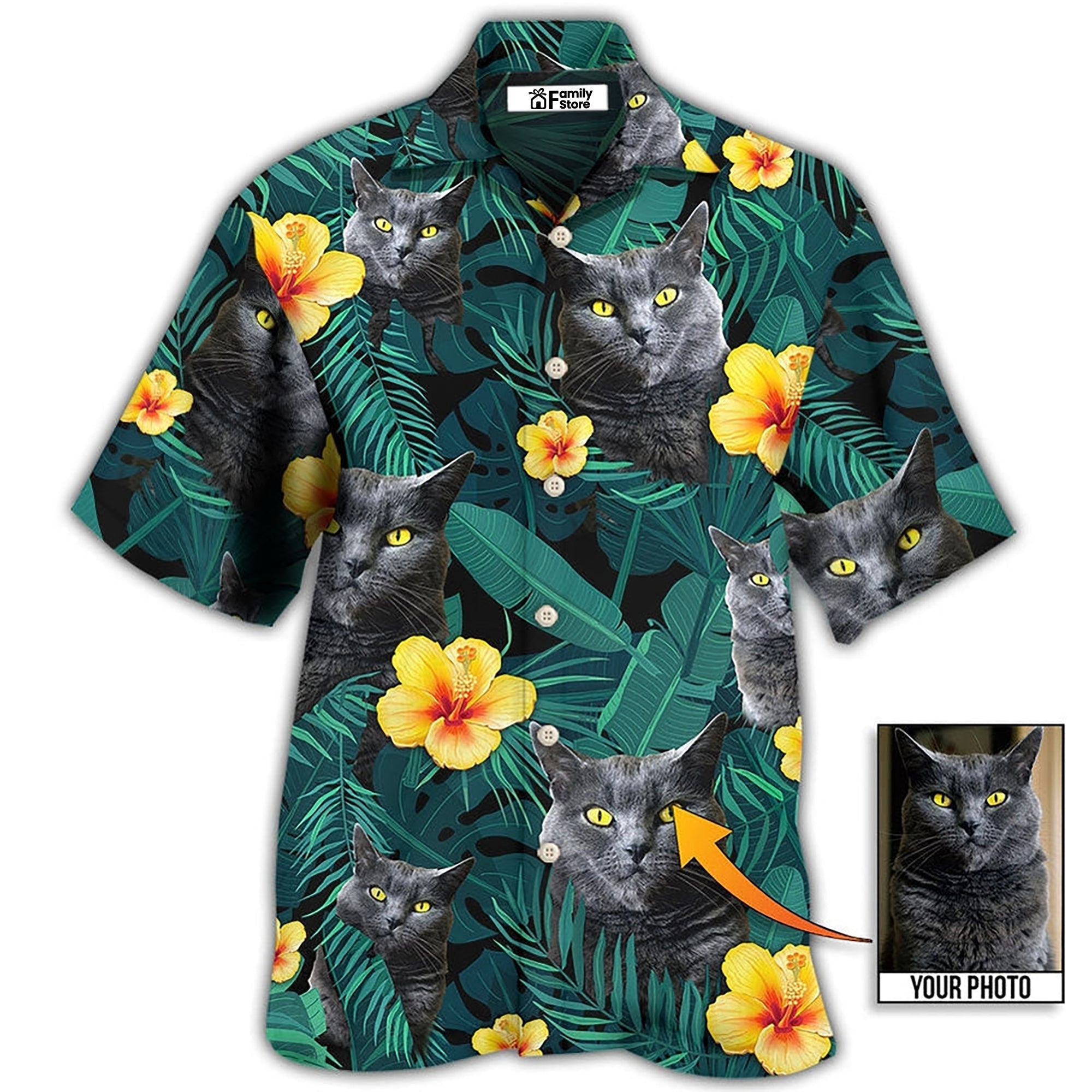 Custom Photo Black Cat Green - Gift For Cat Mom - Personalized Hawaiian Shirt