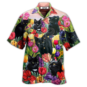 Black Cat Love Flowers Colorfull - Hawaiian Shirt