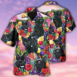 Black Cat Love Flowers Colorfull - Hawaiian Shirt