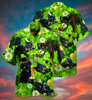 Black Cat Love Green - Gift For Cat Lovers - Hawaiian Shirt