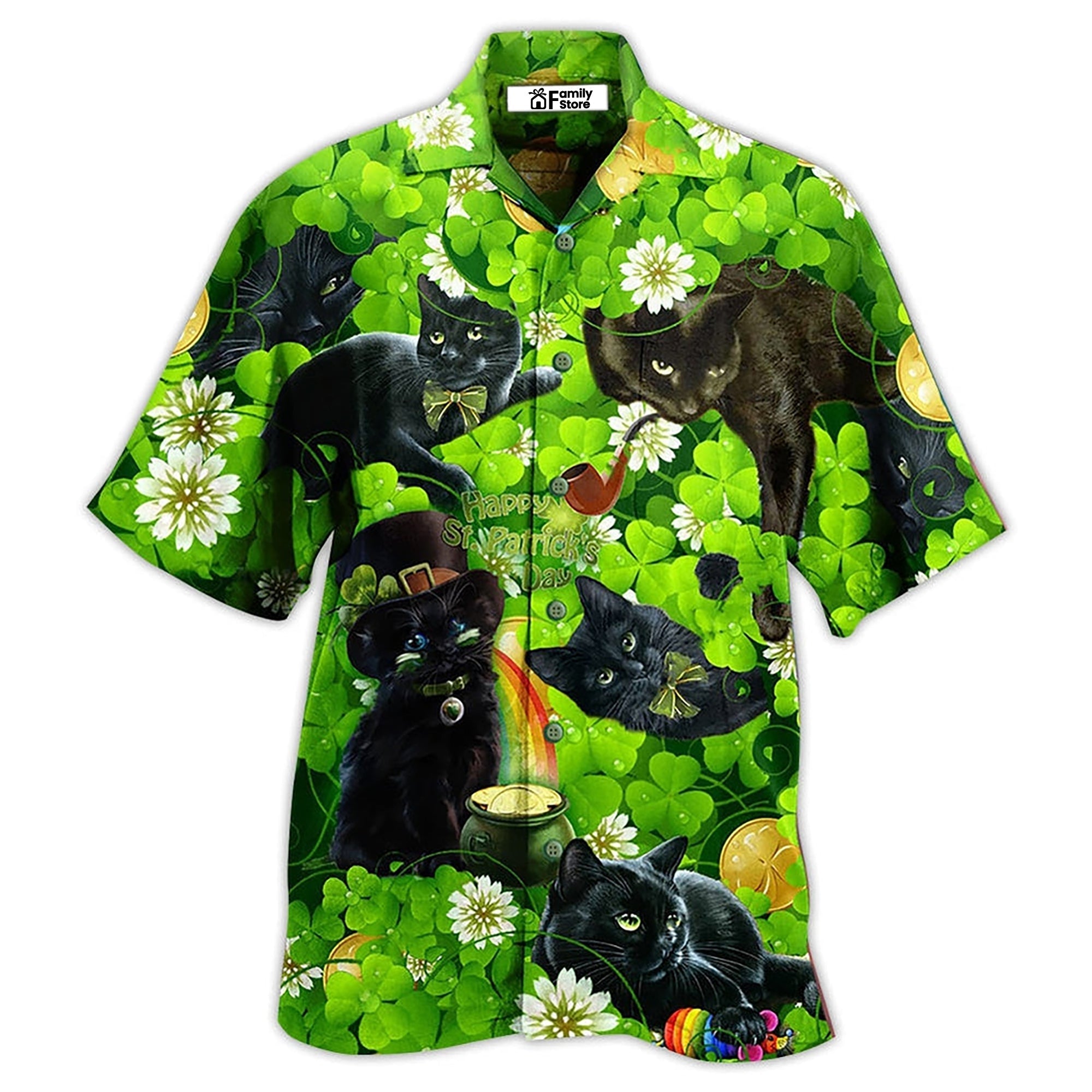 Black Cat Love Green - Gift For Cat Lovers - Hawaiian Shirt