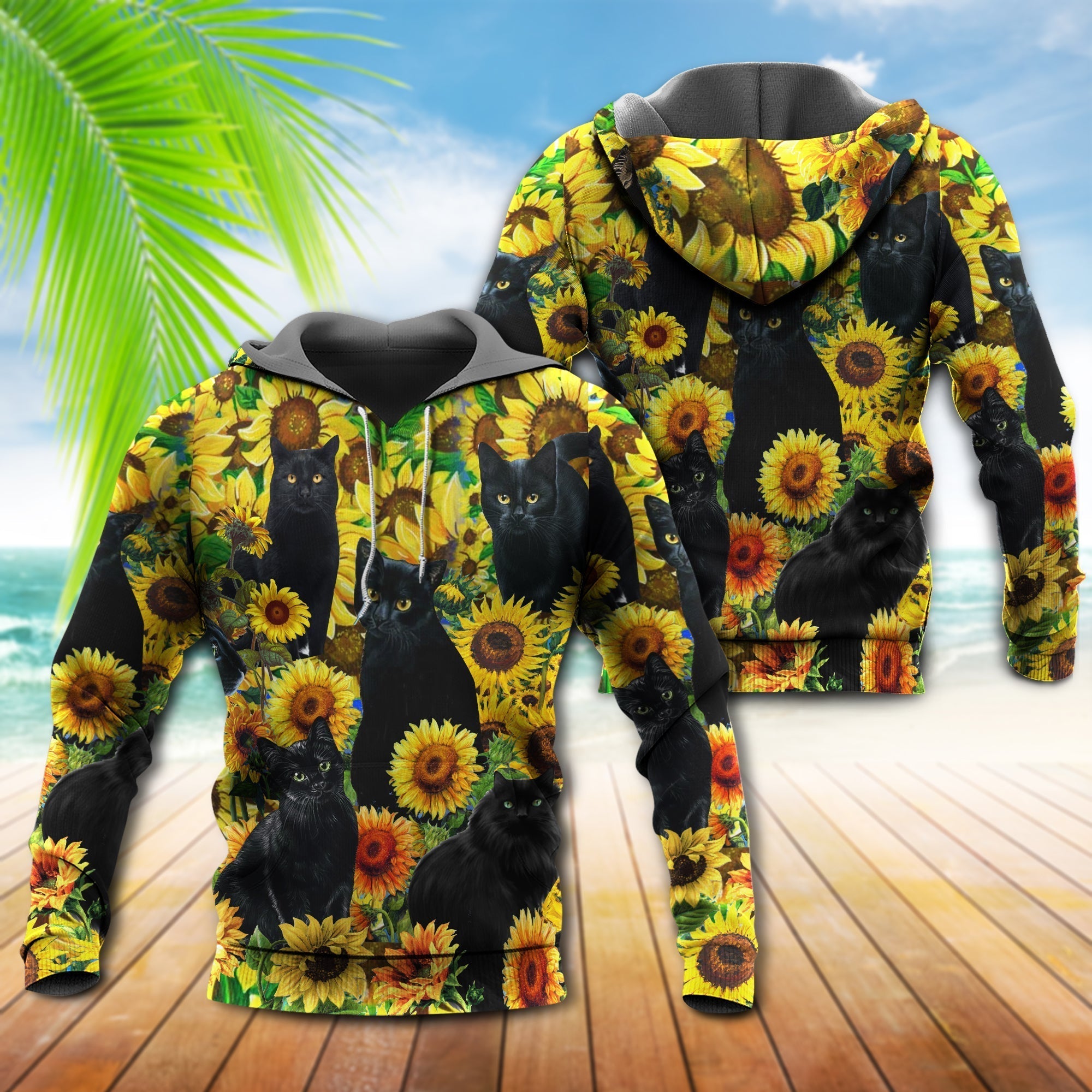 Black Cat Love Sunflower - Hoodie