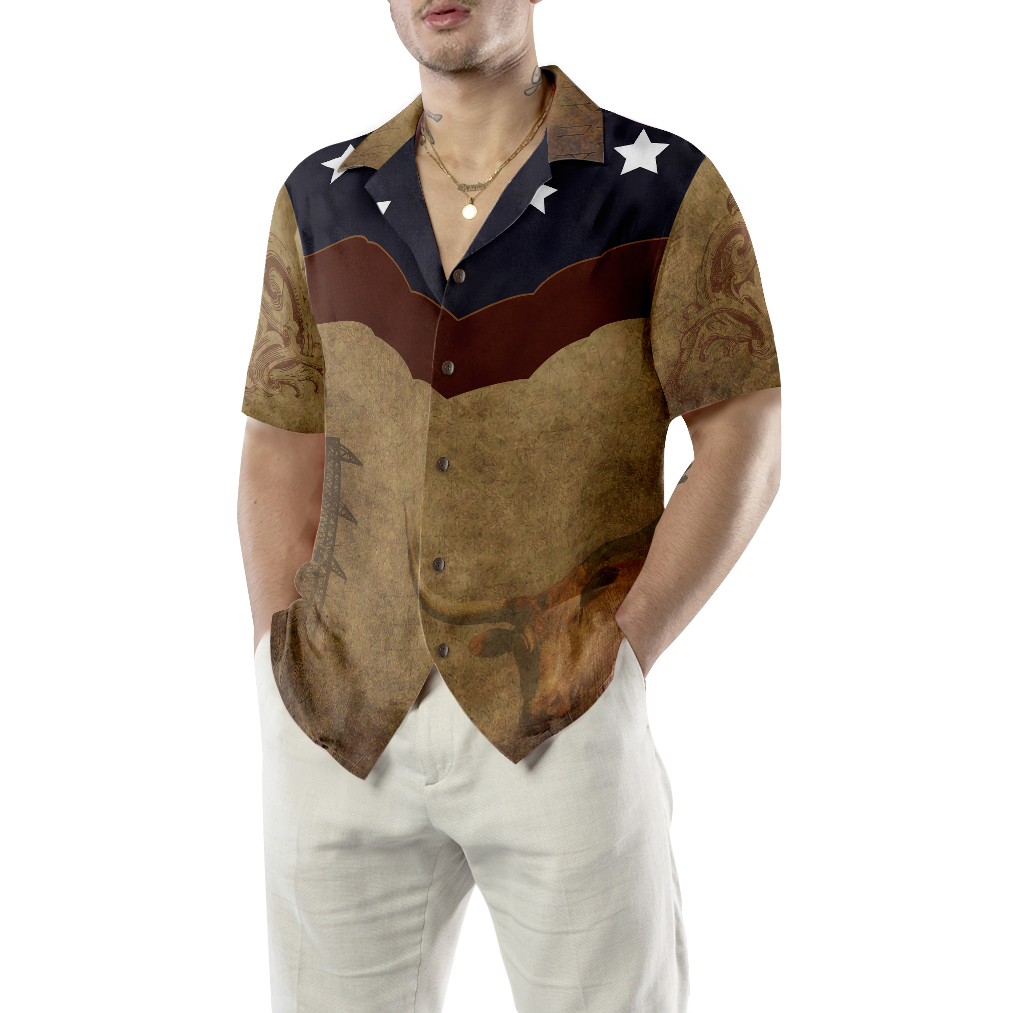 BrownVintageFloralDamaskPatternTexasHawaiianShirt_TheLoneSta_5