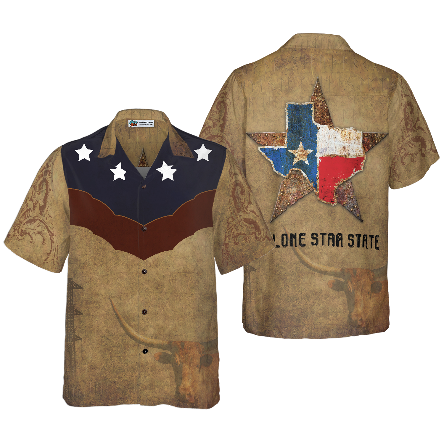 BrownVintageFloralDamaskPatternTexasHawaiianShirt_TheLoneStar_1