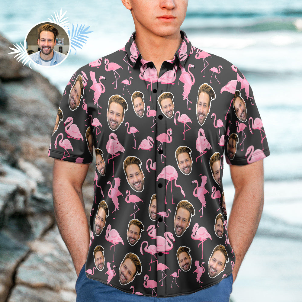 (Photo Inserted) Flamingo Black Hawaiian Shirt - Gift For Men
