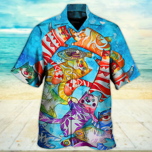 Cat And Fish Funny Together - Gift For Cat Lovers - Hawaiian Shirt