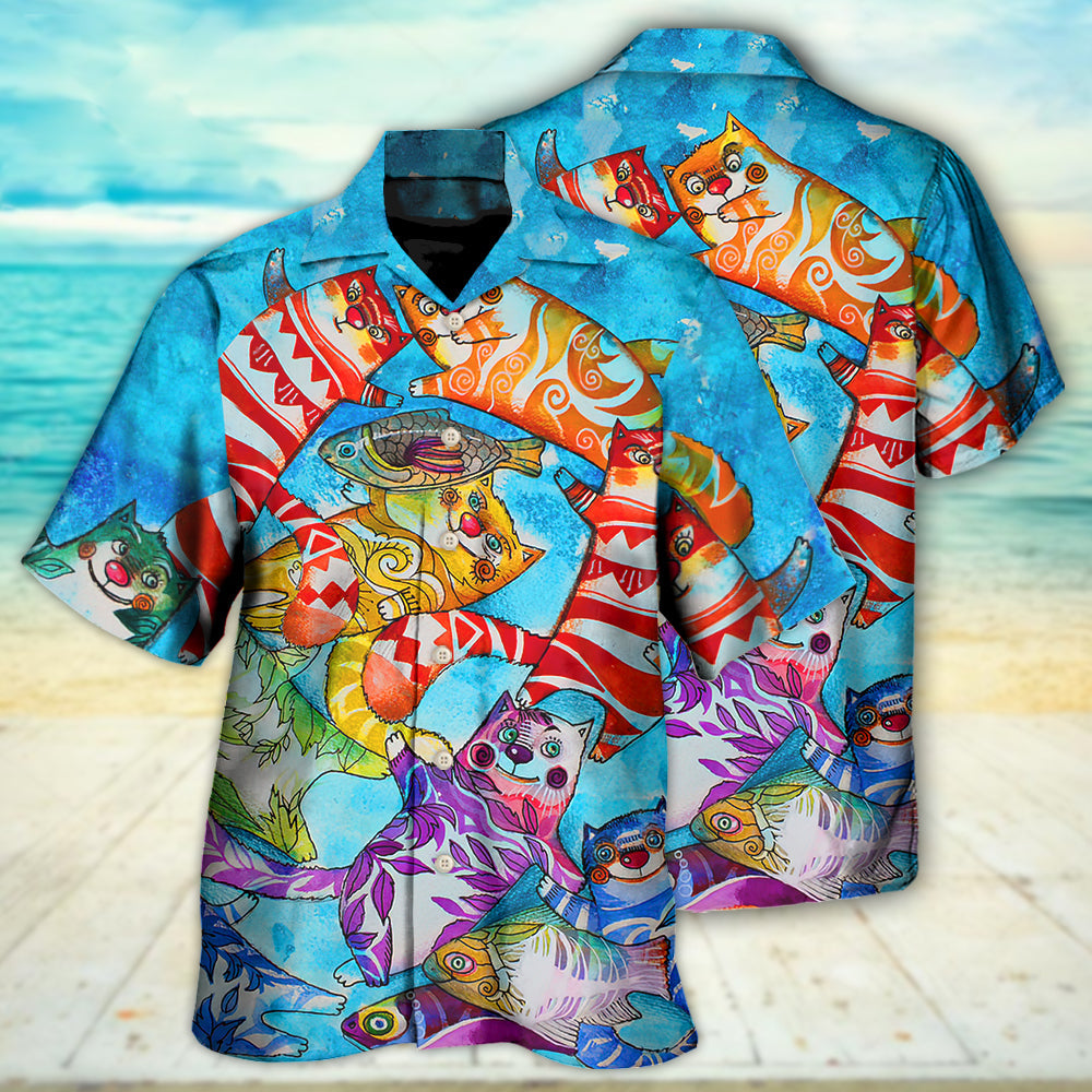 Cat And Fish Funny Together - Gift For Cat Lovers - Hawaiian Shirt