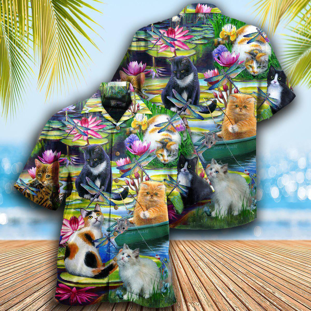 Cat Curious In A Water Lily Lake - Gift For Cat Lovers - Hawaiian Shirt