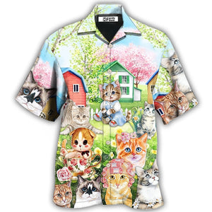 Cat Flowers And Lovely House Art - Gift For Cat Lovers - Hawaiian Shirt