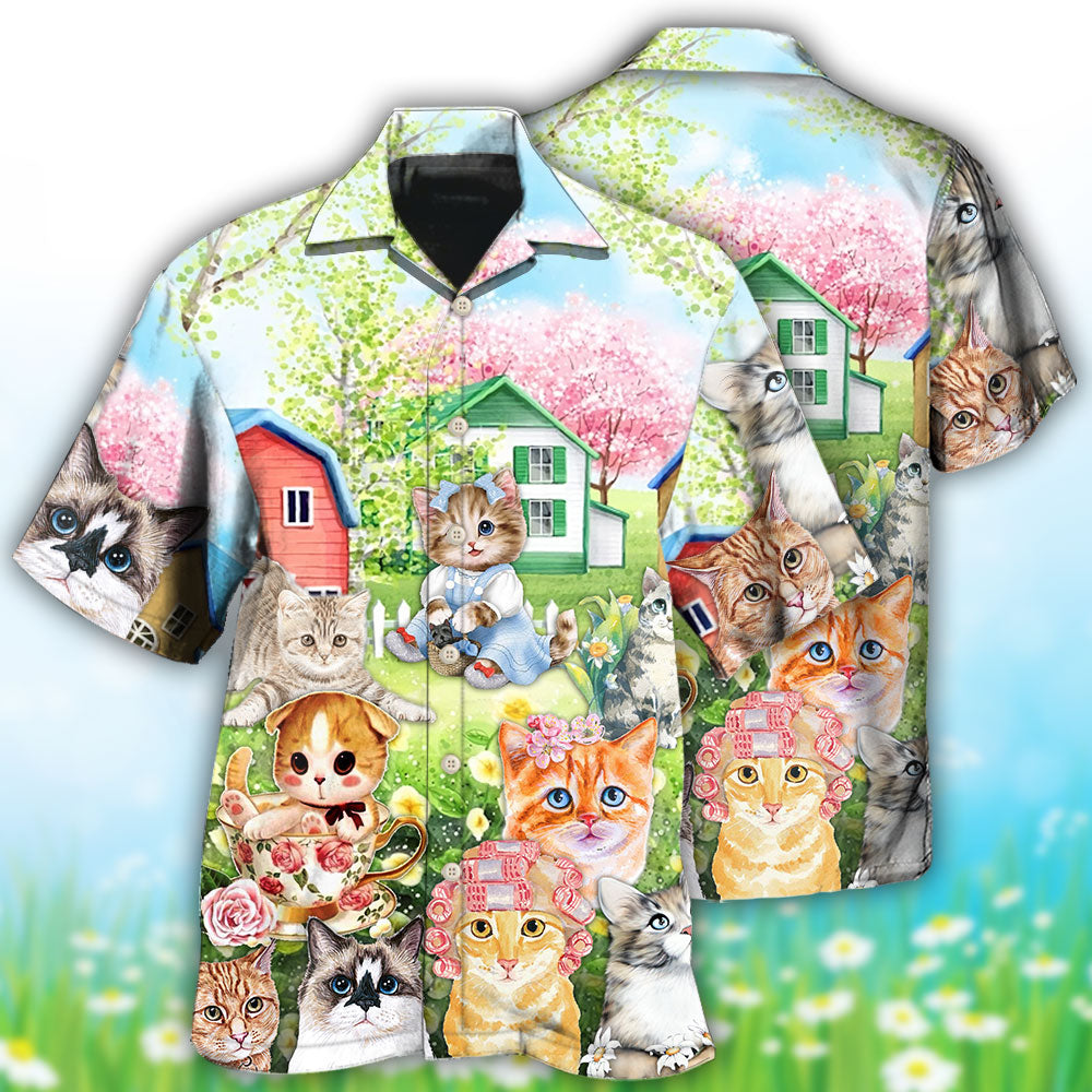 Cat Flowers And Lovely House Art - Gift For Cat Lovers - Hawaiian Shirt