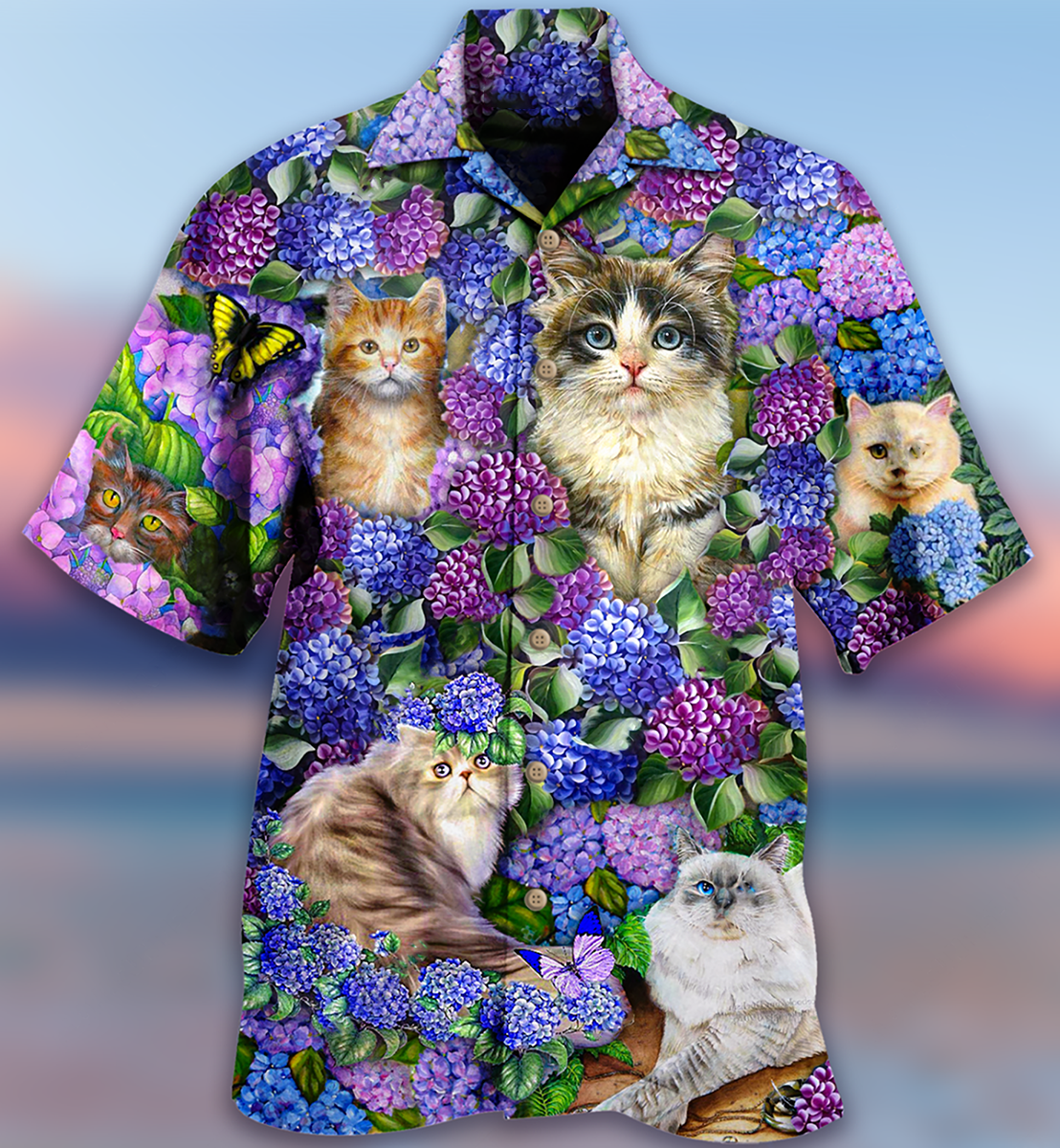 Cat Lovely And Purple Flowers - Gift For Cat Lovers - Hawaiian Shirt