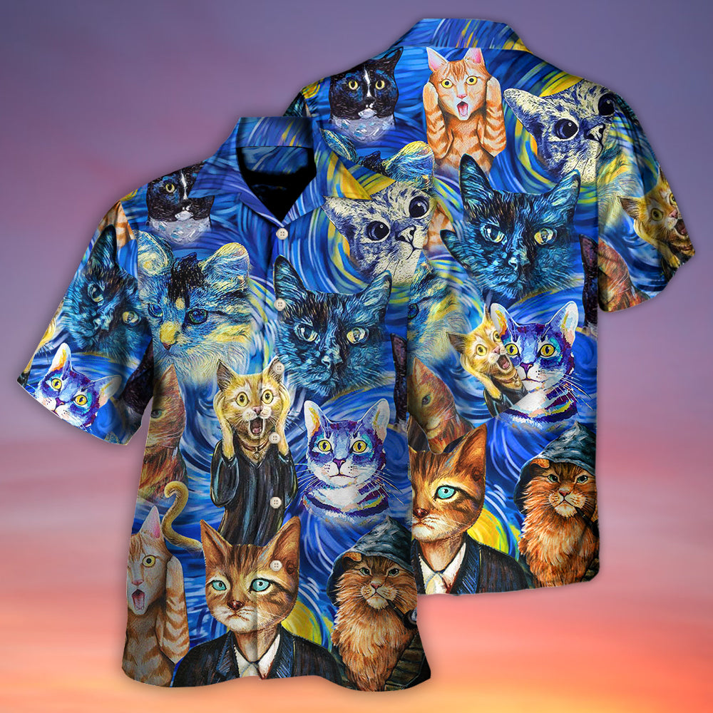 Cat Starry Night Funny Cat Painting Art Style - Hawaiian Shirt