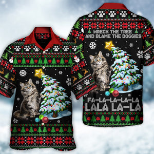 Cat Wreck The Christmas Tree Light Funny Style - Hawaiian Shirt