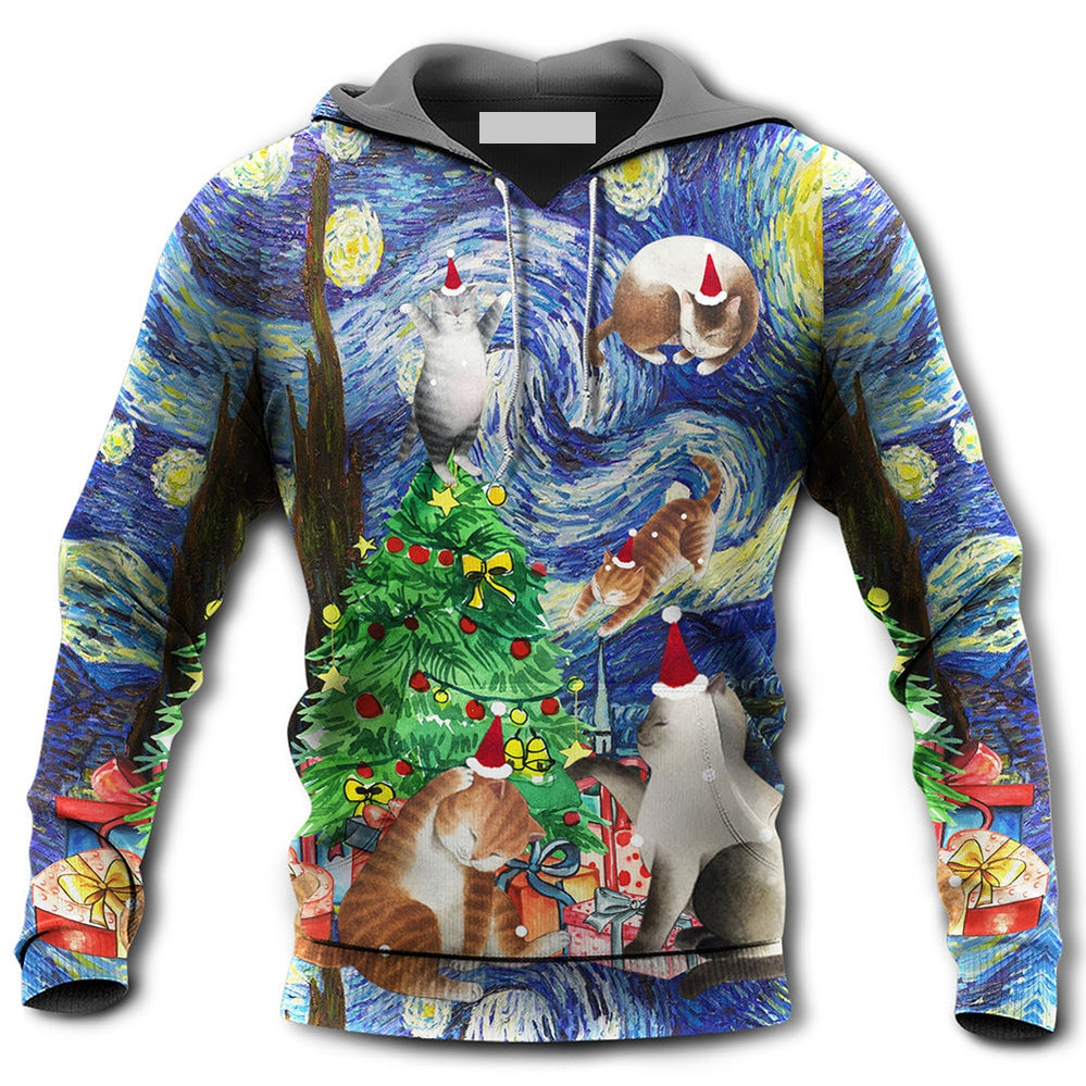 Christmas Cat Playing In Starry Night - Hoodie