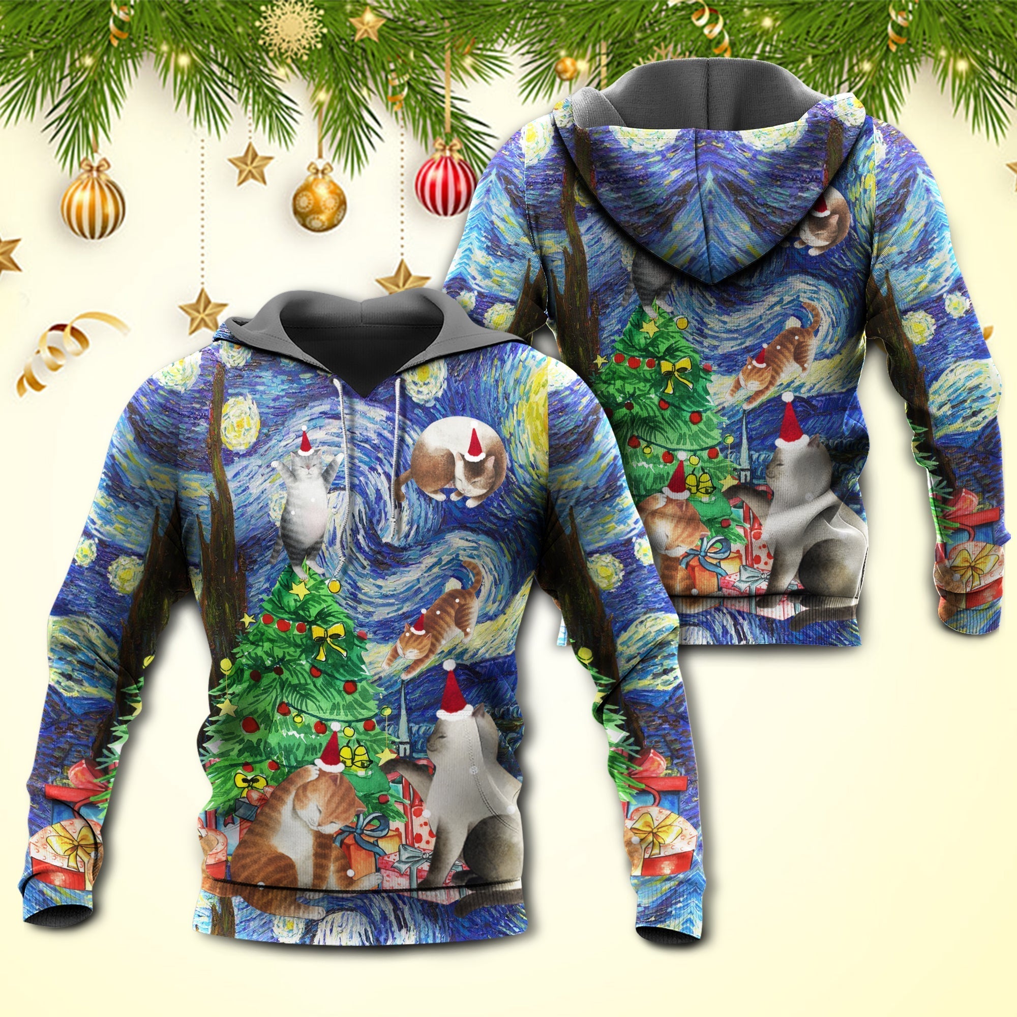 Christmas Cat Playing In Starry Night - Hoodie