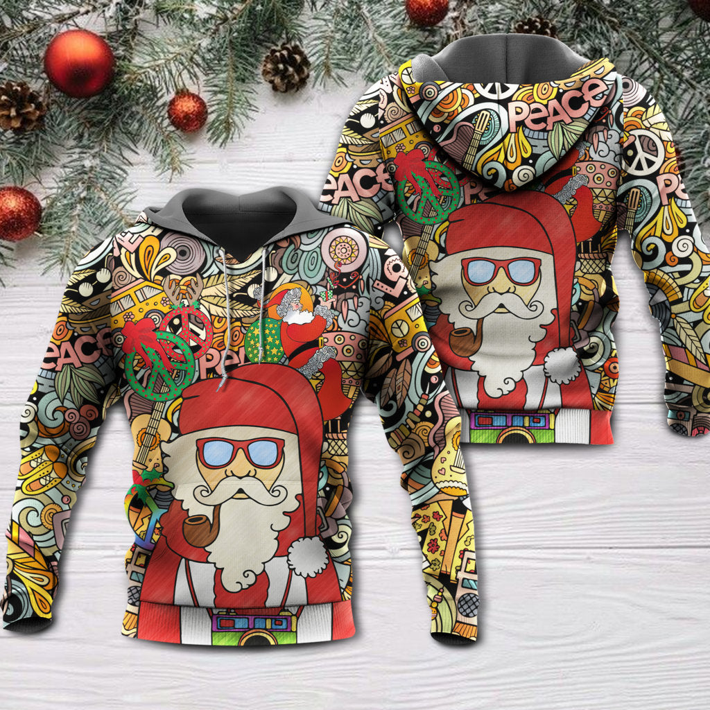 Christmas Hippie Santa Claus Love & Peace Cartoon Style - Hoodie