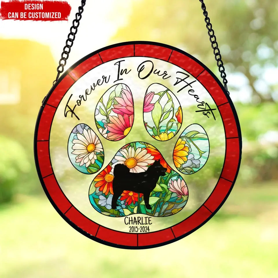 Custom Photo Forever In Our Hearts - Pet Memorial - Personalized Window Stained Glass, Hanging Suncatcher DN100