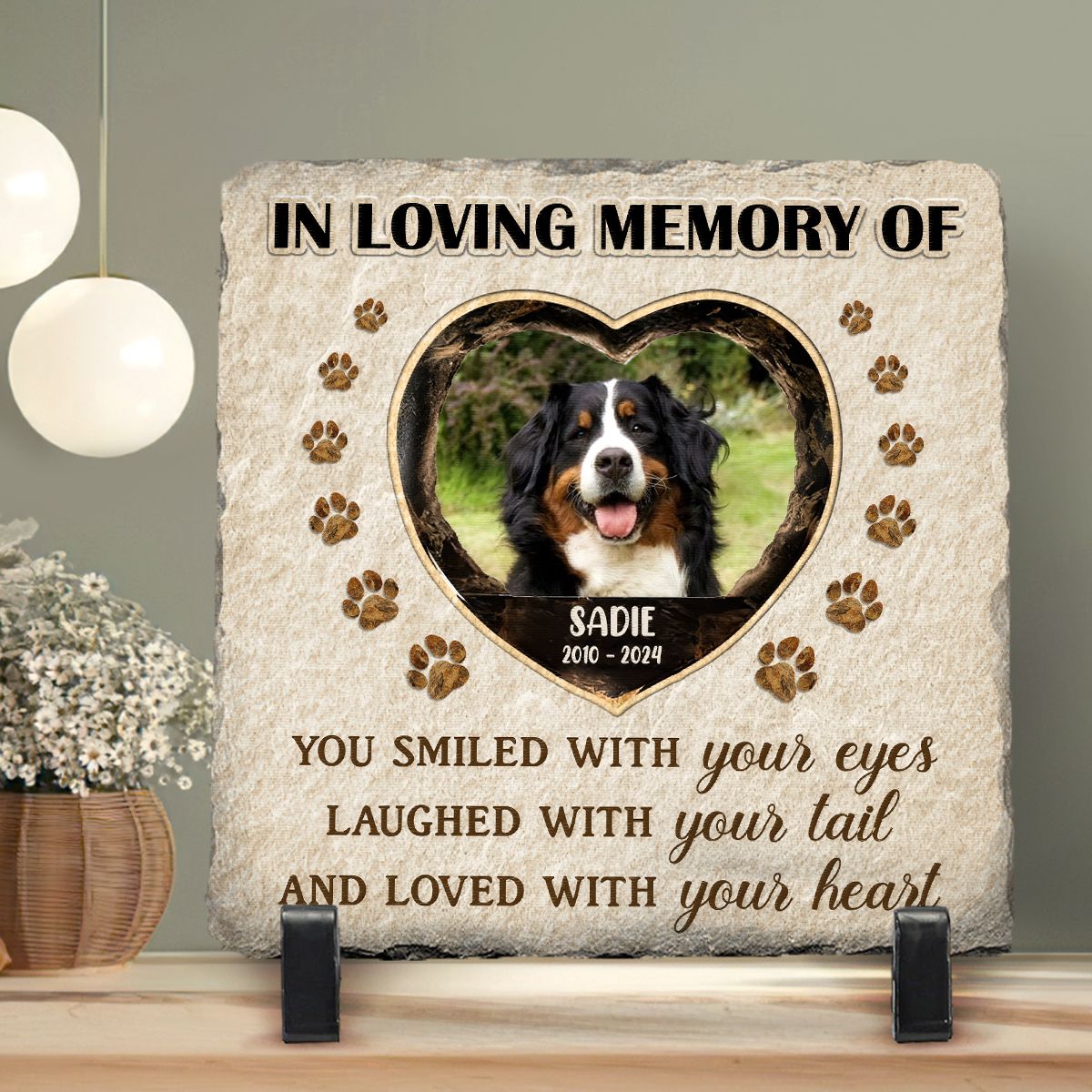 Custome Photo Heart And Paws - Pet Memorial - Personalized Stone DN100