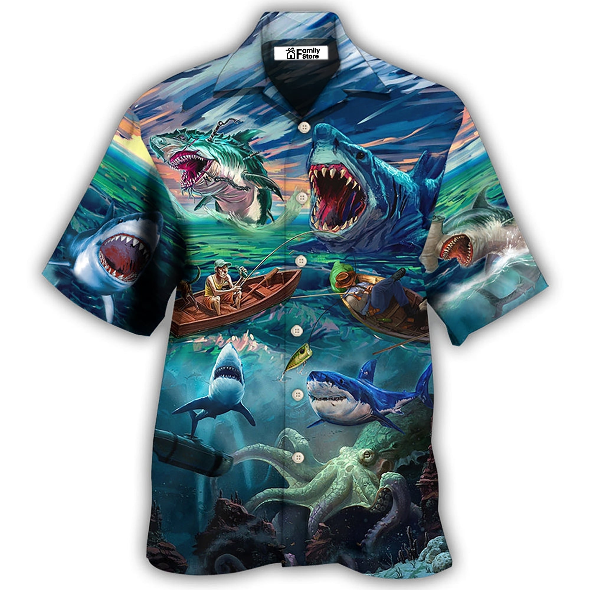 Fishing Shark Crazy Art Style - Hawaiian Shirt