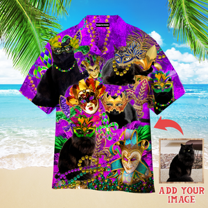 Custom Photo Funny Black Cat Mardi Gras - Hawaiian Shirt