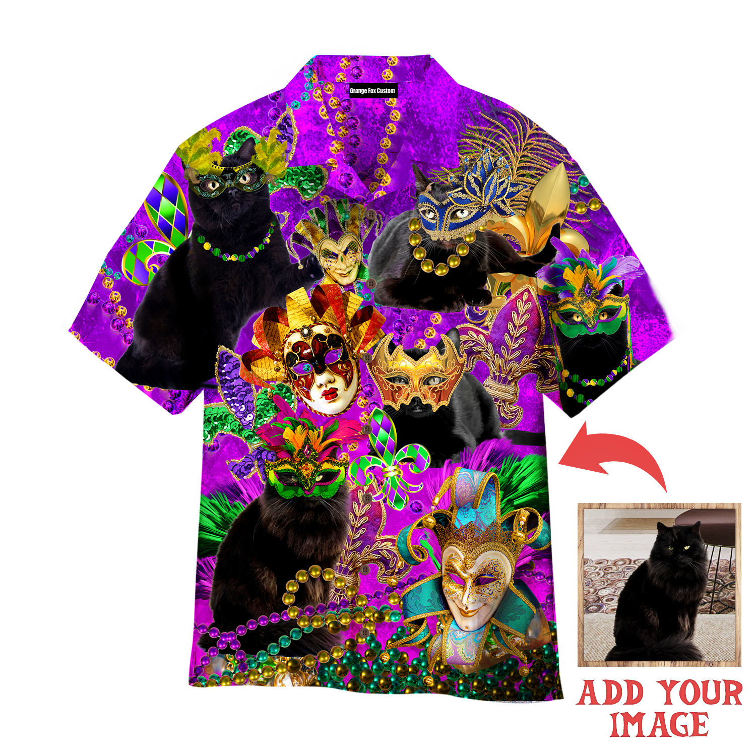 Custom Photo Funny Black Cat Mardi Gras - Hawaiian Shirt