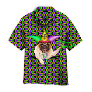 Funny Pug Dog Wears Jester Hat Mardi Gras Colorful Diamond - Hawaiian Shirt