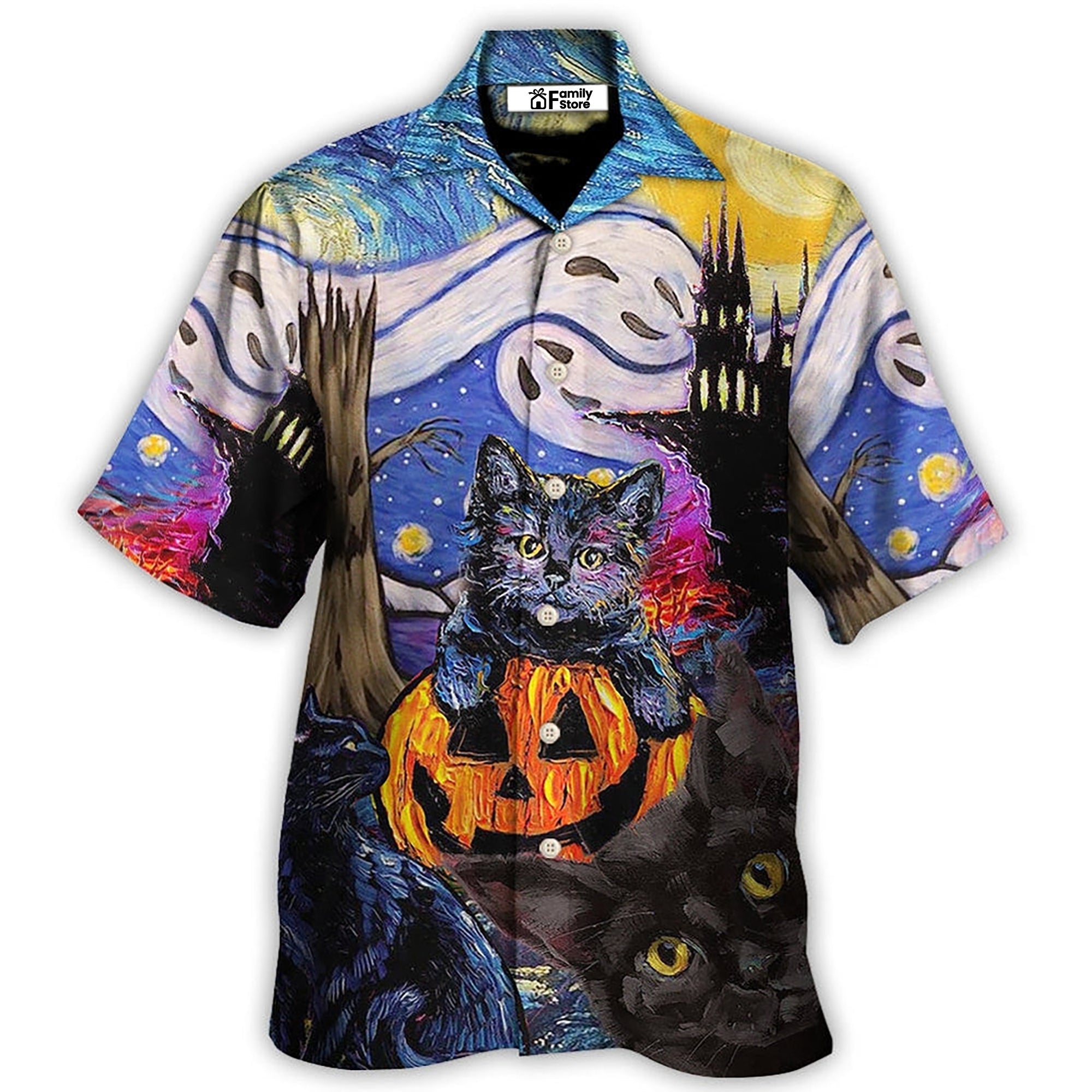 Halloween Black Cat Starry Night Painting Art Style - Hawaiian Shirt